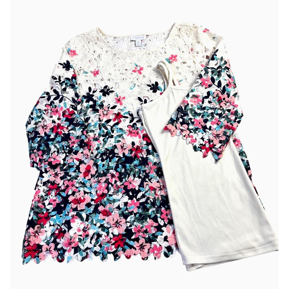 Charter Club Floral Eyelet Lace Blouse & Cami Women sz S Ivory Multicolor Easter
